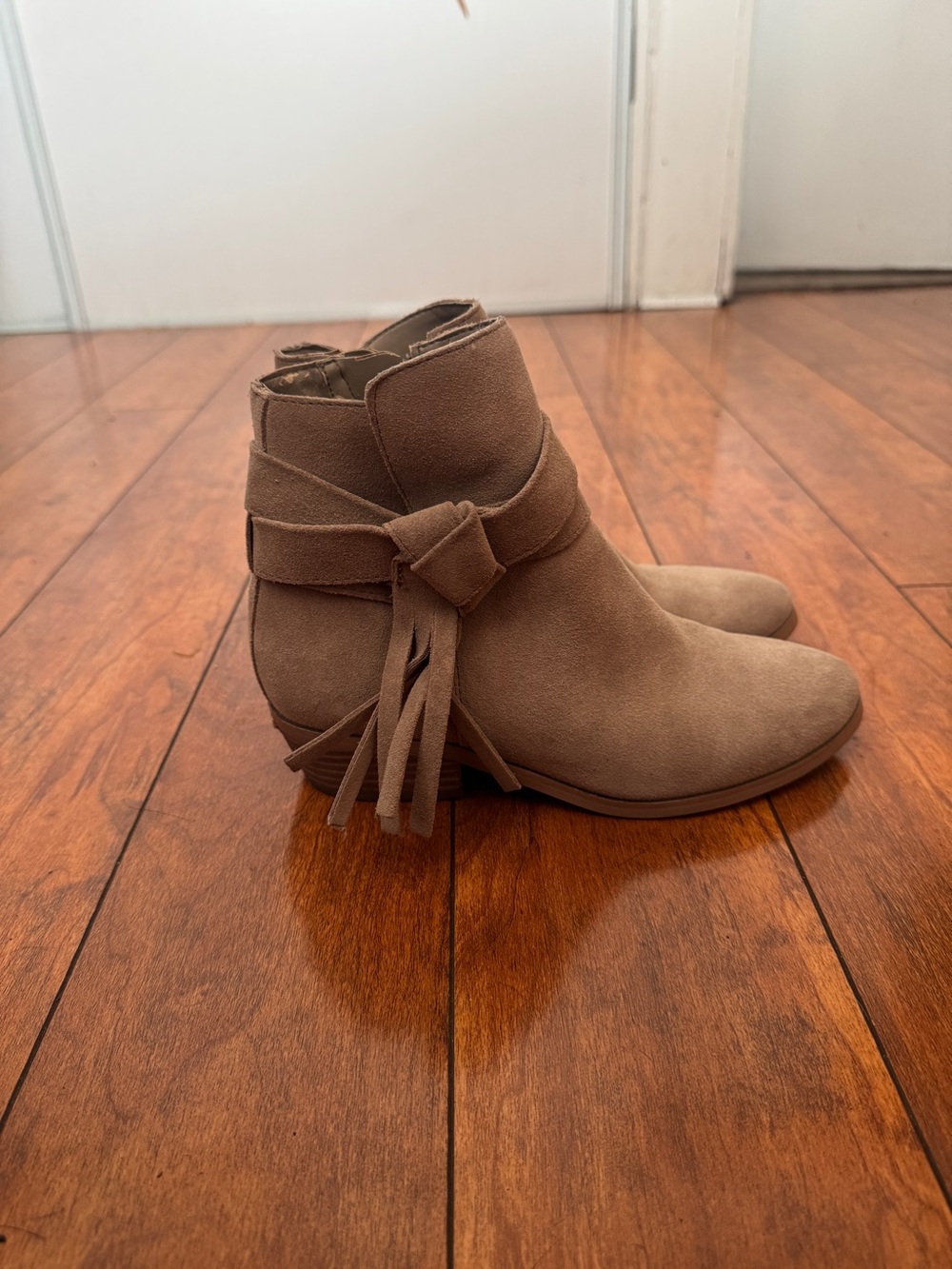 GUESS Women's Taupe Suede Ankle Boots with Tassel Wrap